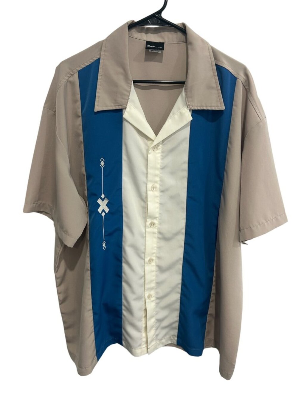 BeRetro Mens Beige Blue Striped Bowling Shirt Size 2XL USA Made Retro Rockabilly